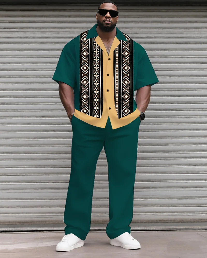 

S-9XL Мужская рубашка больших размеров с винтажным абстрактным принтом и короткими рукавами и брюки, комплект из 2 предметов, свободный крой в стиле ретро, летний комплект