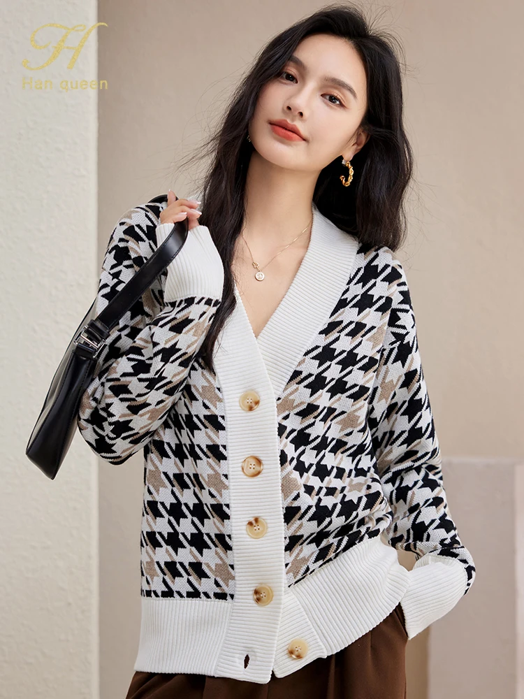 H Han Queen Autumn Winter Knitted Cardigans Sweaters Women Tops Basic Houndstooth V-Neck Chic Knit Long Sleeve Cardigan Jacket