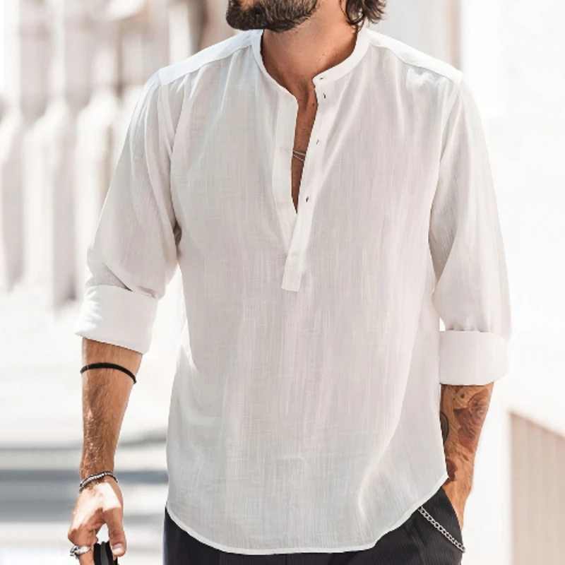 

European American Foreign Trade Men's Casual Stand-up Collar Solid Color Long-sleeved Shirt WISH Slub Cotton and Linen Shirt