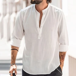 European American Foreign Trade Men's Casual Stand-up Collar Solid Color Long-sleeved Shirt WISH Slub Cotton and Linen Shirt