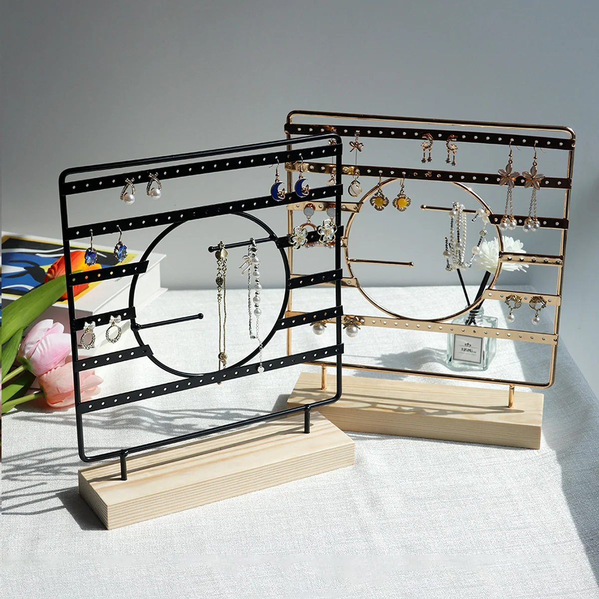 

Earring Display Holder,Metal 3 Layers Jewelry Storage Organizer Wood Base Stand Tree,Bracelet Necklace Ear Stud Rack Gift