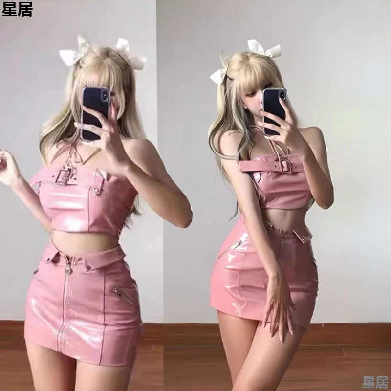 

Singer Jazz Dance Performance Costumes Women Group Kpop Ladies Pink Halter Soft Leather Tops Wrap Hip Skirt Stage Rave Outfits