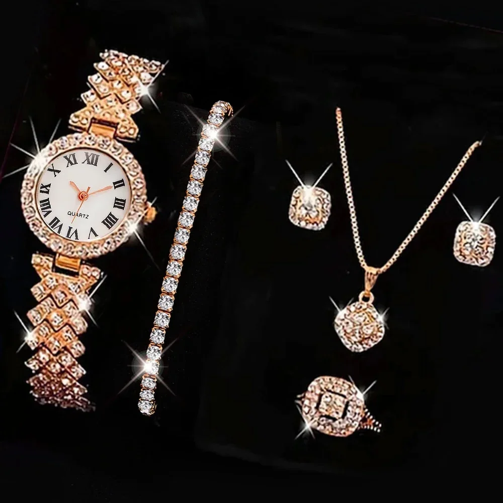 Conjunto de 5 piezas de Reloj para mujer, anillo, collar, pendientes, diamantes de imitación, Reloj de pulsera informal para mujer