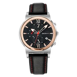 BERNY Men Quartz Watch Calendar Waterproof Leather Strap Male Clock Chronograph Luxury Sport Wristwatch Luminous Montre Homme