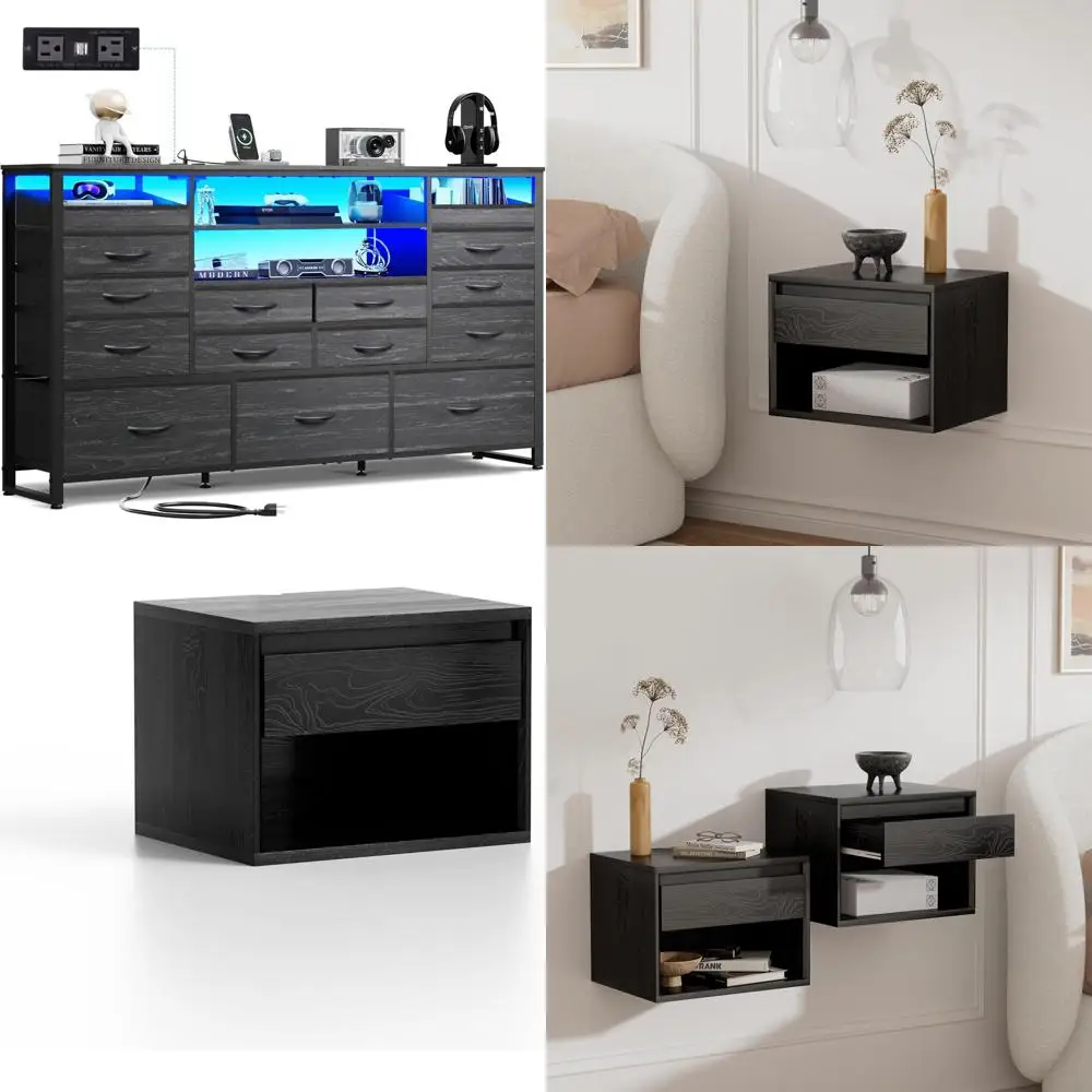 

WLIVE Black TV Stand for 55, 60, 65 inch TV, Entertainment Center with LED Lights & Charging Station, TV Media Console Table wit