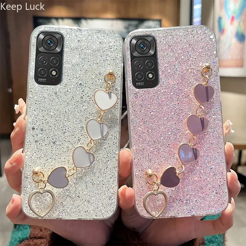 Luxury Soft Love Heart Bracelet Phone Case For Xiaomi Redmi Note 12 12C 11 11S 10 10S 10A 9A 9C 10C 9T POCO X5 Back Chain Cover