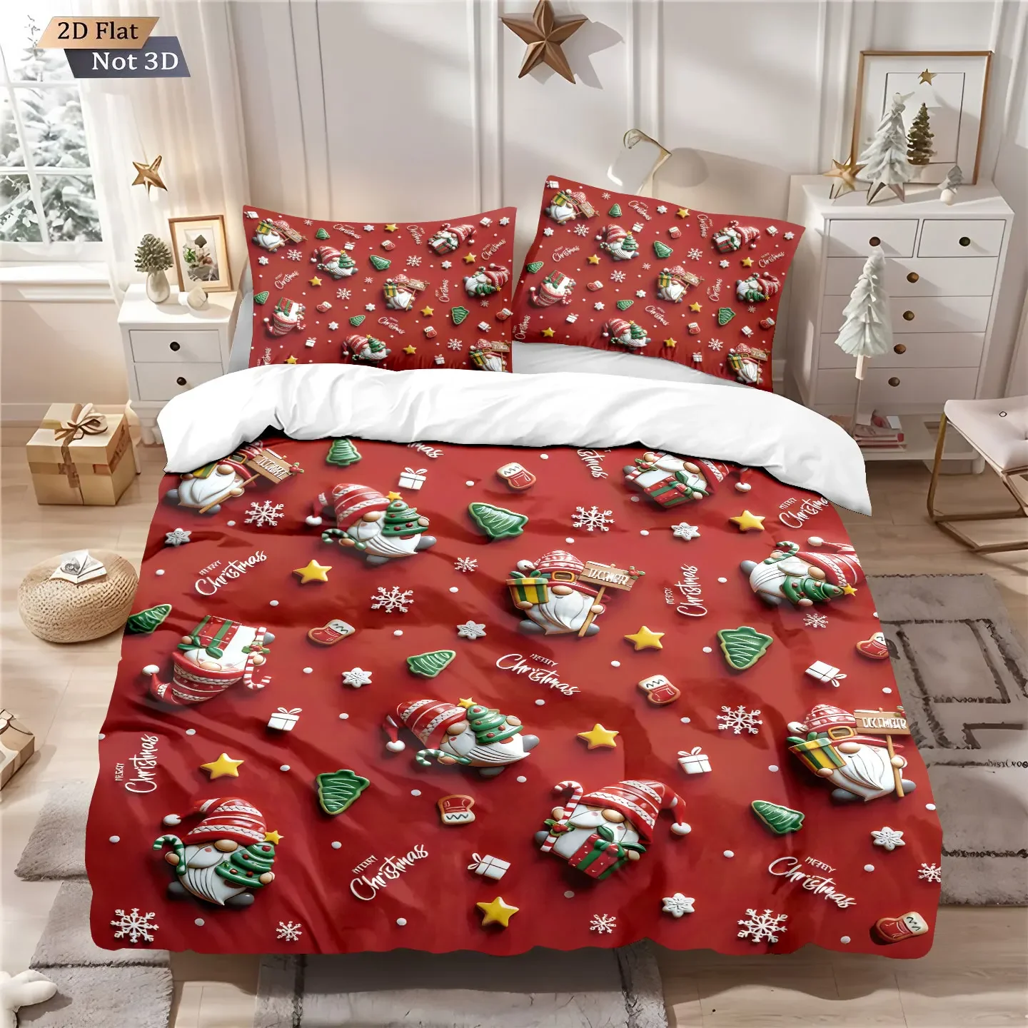 

3pcs Red Christmas Bedding Set Gnome Print Coreless Multi Size Bedroom Dormitory Decoration Soft Machine Washable Christmas Gift