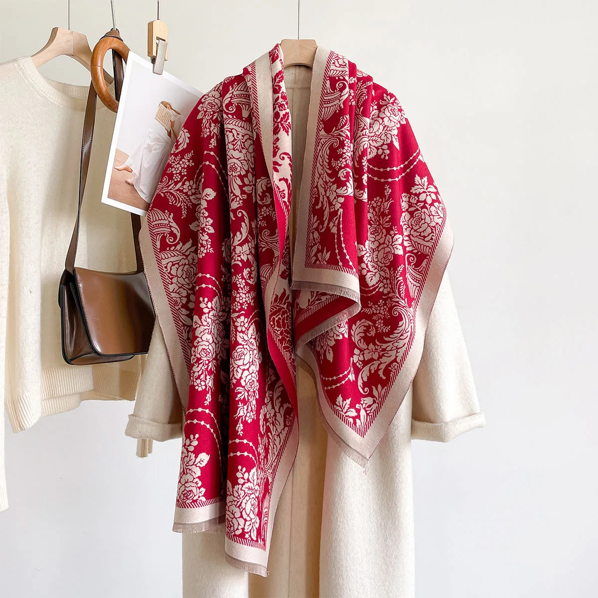 Winter High Grade Faux Cashmere Shawl Women Red Vintage Romantic Rose Urn Floral Motif Thick Cozy Warm Large Wrap Scarf