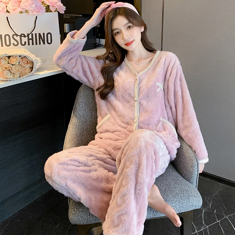 

Autumn Winter Female 2Pcs Pajamas Set Thicken Warm Flannel Sleepwear Trouser Suits Pyjama Loose Casual Home Clothes Lounge Wear