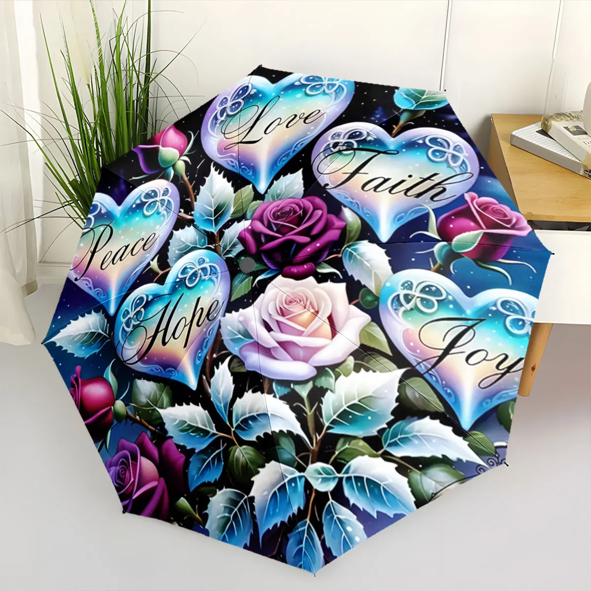 Fantasy Rose Bouquet with Heart Messages: Love, Peace, Faith portable waterproof sun rain umbrella for outdoor travel beach