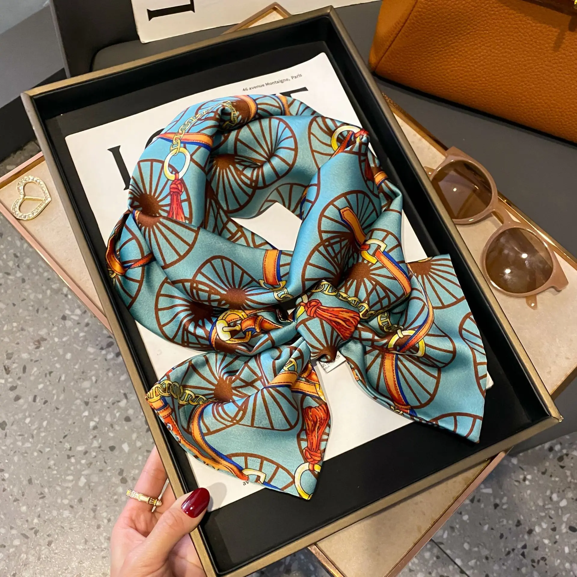 Luxus Hahnentritt Druck Nachahmung Seide Schal Stirnband Halstuch Foulard Weibliche Haar Schals Krawatte Dünne Schals Weiche Satin – Detail 26