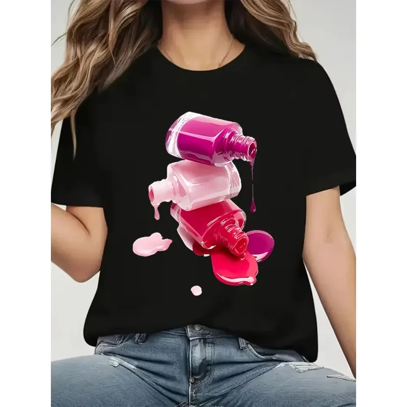 Nail Polish Bottles Print Women's T-Shirt Casual Crew Neck Short Sleeve Graphic Tee Summer Streetwear for Daily Wear Salon