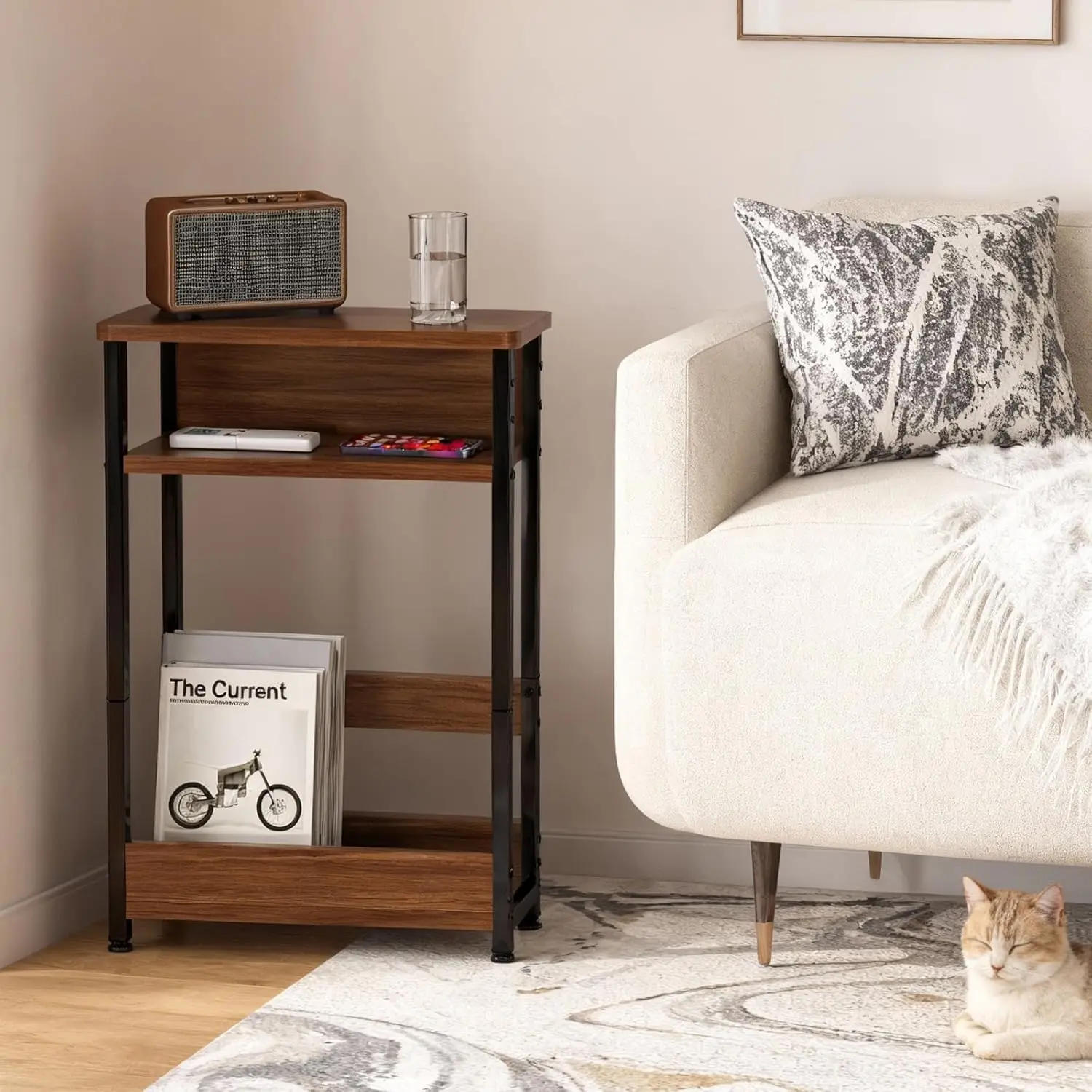 3-Tier Slim Narrow Side Table, Metal Frame Waterproof Wood Open Shelf End Table with Adjustable Feet, Space Saving Skinny Storage Side Cabinet for Sofa Bedroom Hallway Small Spaces