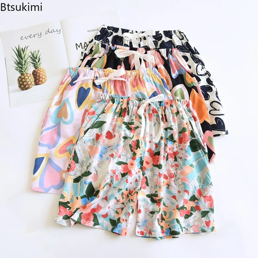 Women's Home Clothes Summer Shorts Flower Printed Wide Home Casual Shorts Sleepwear Comes with Pocket Sleep Bottoms Lounge Wear