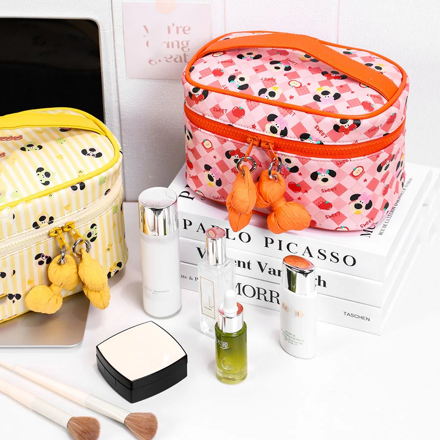 Cotton Bow Makeup Bag for Women Nylon Quilted Travel Cosmetic Bag with Zipper Sweet Aesthetic Toiletry Bag Skincare Storage Bags