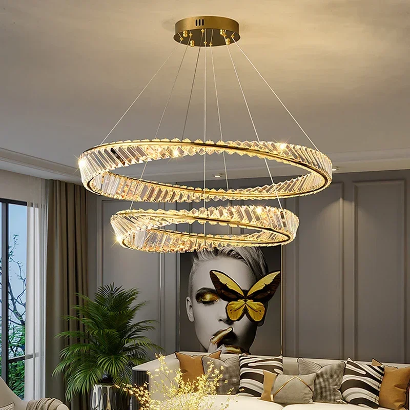 Nordic luxury living room crystal chandelier dimmable dining room LED chandelier electroplated ring modern bedroom lighting