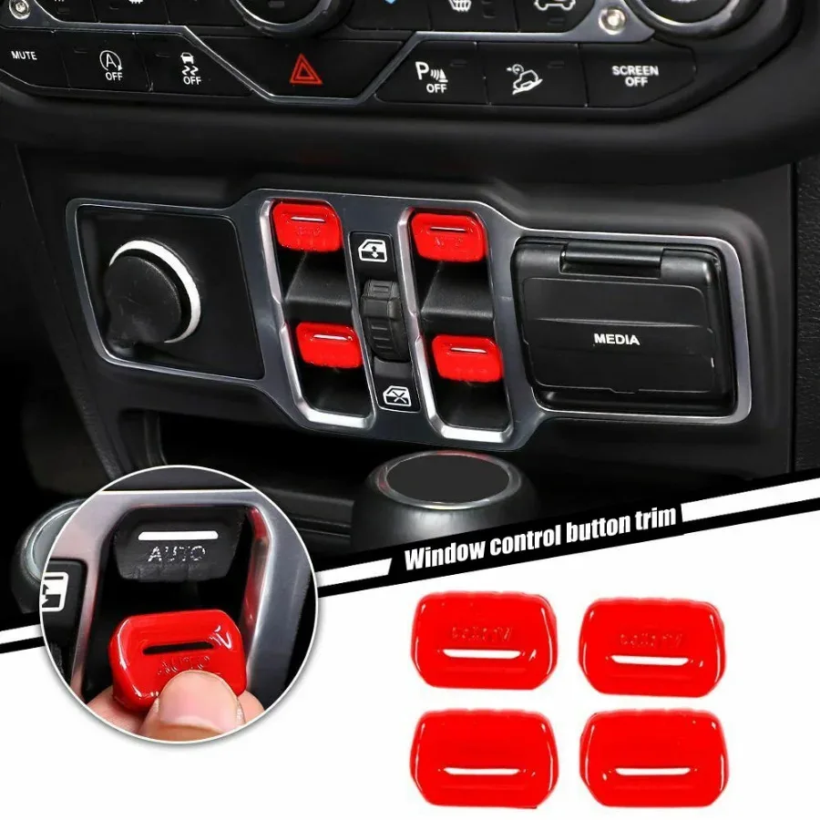 4x Car Car Window Control Switch Red Button Cover Auto Buttons Push Cover for Jeep Wrangler JL JT 2018+ Car Interior Accessories