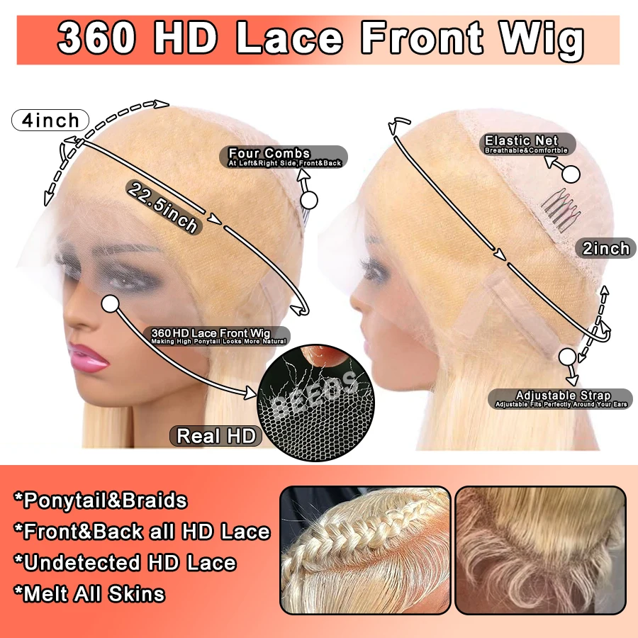 BEEOS-Peluca de cabello humano ondulado para mujer, postizo de encaje frontal, pelo brasileño predespuntado con cola de caballo de 34 pulgadas, HD, 613, 360