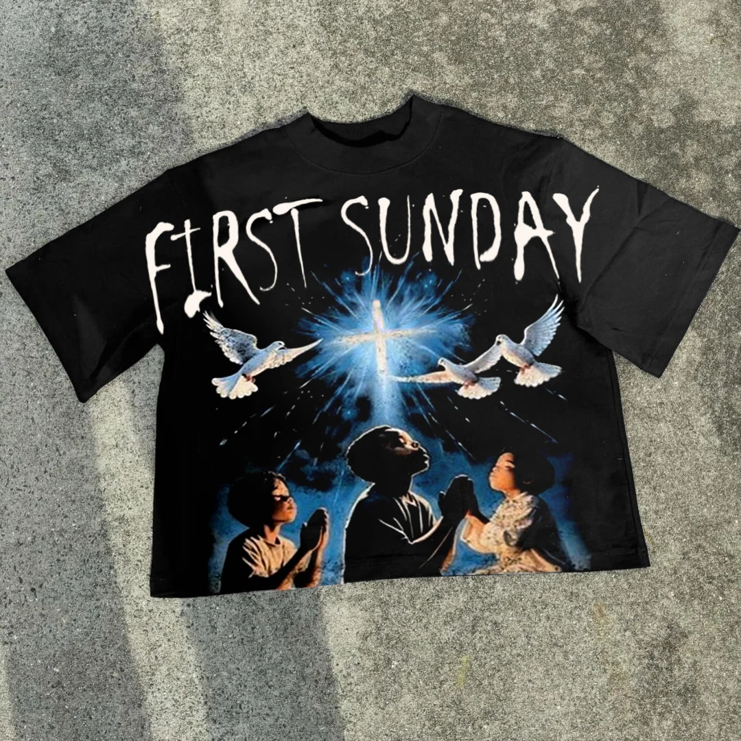 Retro First Sunday Faith Peace Dove Graphic Print T-shirt Men Y2K Summer Short Sleeves Oversize T-shirt Streetwear Women Tops