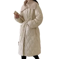 Long Women Winter Coat Diamond Grid with Belt Down Jacket Knitted Collar Patchwork Quilted Jackets Chic Single Breasted Pocket