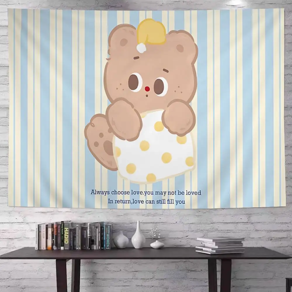 Kawaii Butter Bear Anime Tapestry Hippie Flower Wall Carpets Dorm Decor Cheap Hippie Wall Hanging