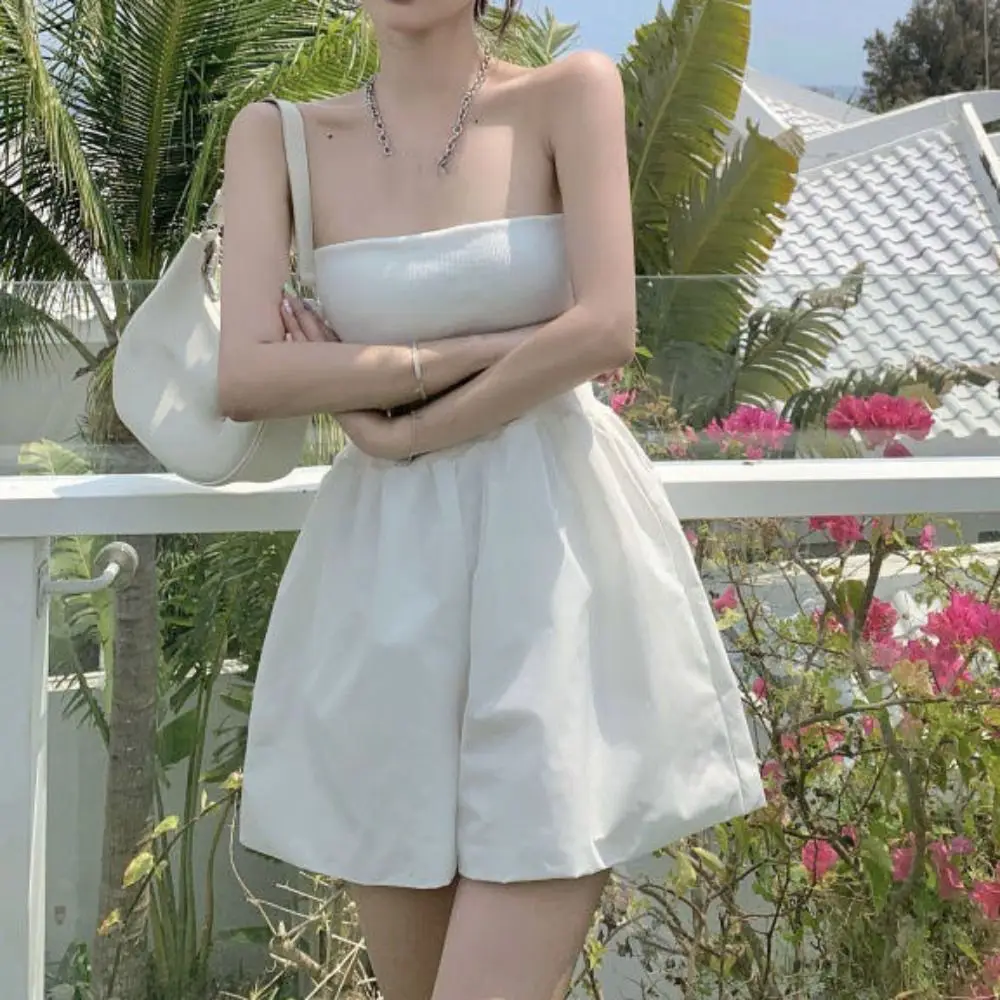 Mono coreano sin mangas sin tirantes, pantalones cortos de pierna ancha, pantalones Retro que abrazan el pecho, falda estilo Ins, ropa holgada de cintura alta para mujer