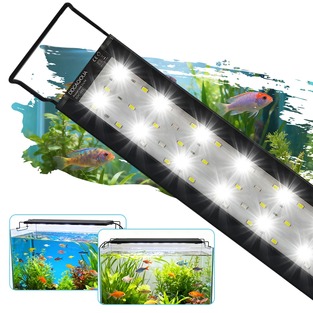 Supporto per acquario con luce, design elegante in bianco e nero, realizzato in lega di alluminio resistente alla ruggine e durevole, supporta l'illuminazione multicolore, dotato di interruttore timer