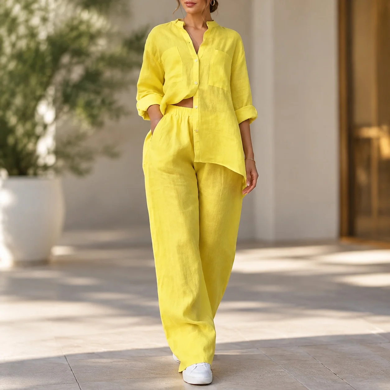 Shirt Pocket Set Full Length Urban Style with Regular Sleeve Summer Business Elegance Long Sleeve Wash Treated Women Suit