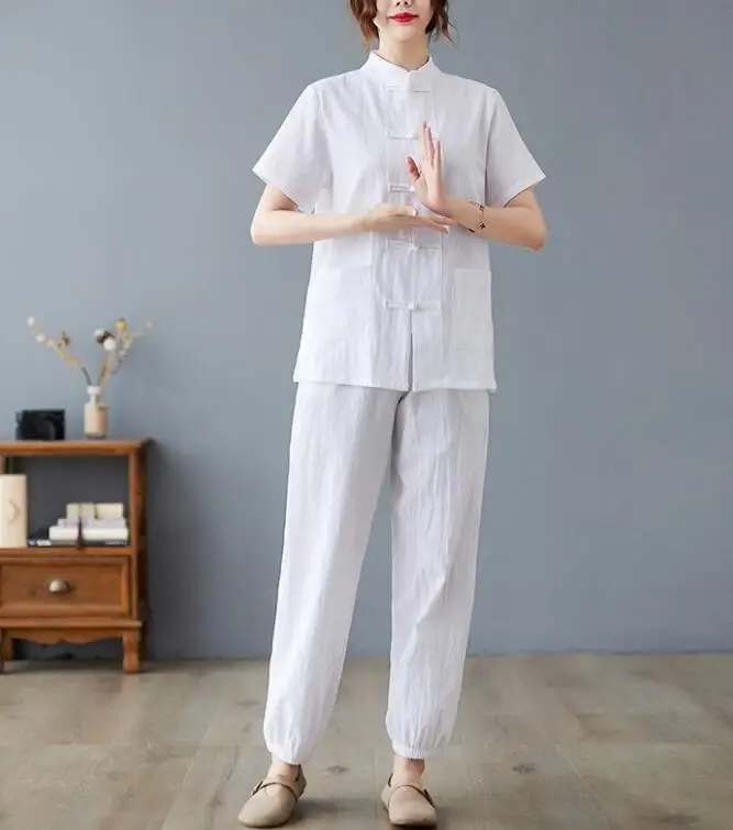 Chinese Style SPA Work Pants Suit Women Tang Cloth Summer Beautician Set Vintage Whtie