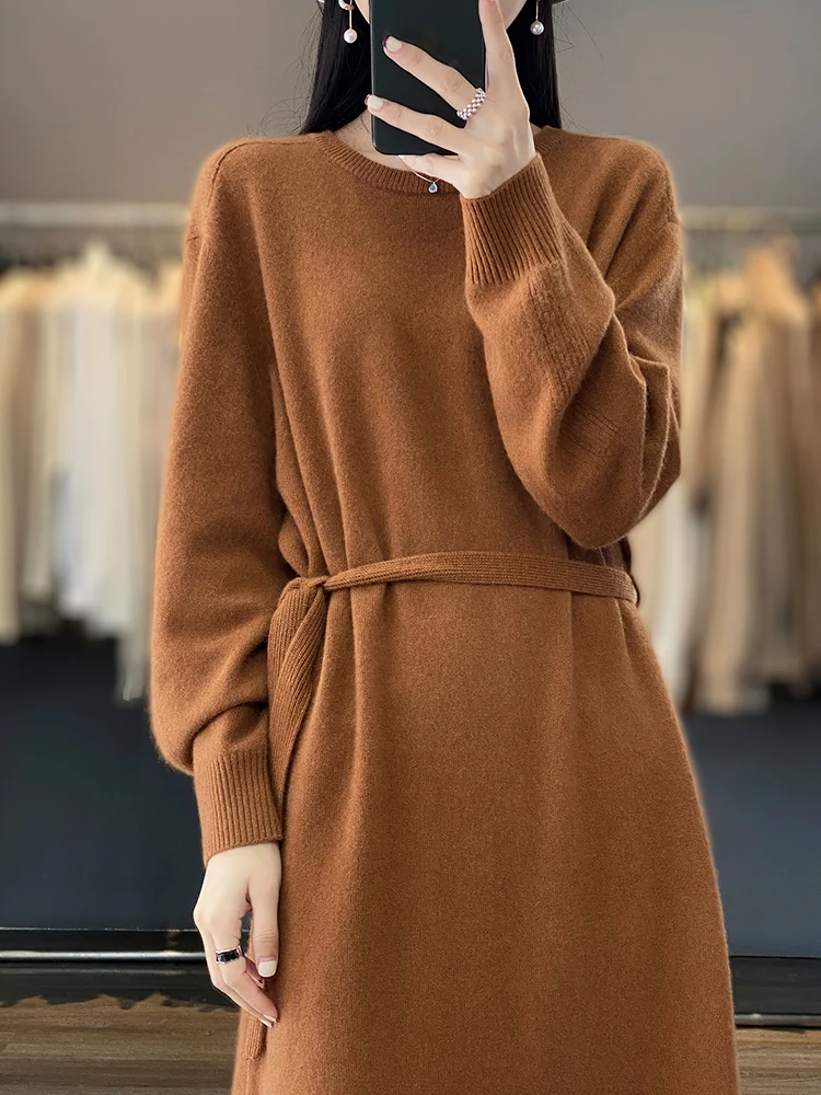 Office Lady Women\'s Wool Dress Cashmere O-Neck Pullover Sweater Autumn Winter  100% Merino Wool Knitwear Grace Sash Long Dress