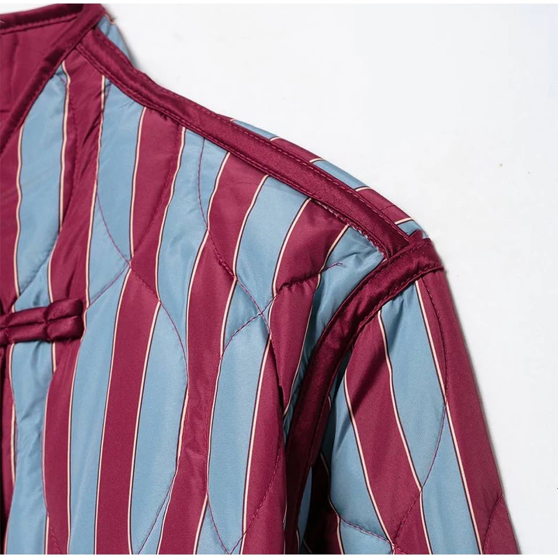  Casual Stripe Padded Coats Women's Stand Collar Long Sleeve Loose Warm Frog Buttons Quilted Jackets 2026 New Lady Outerwear