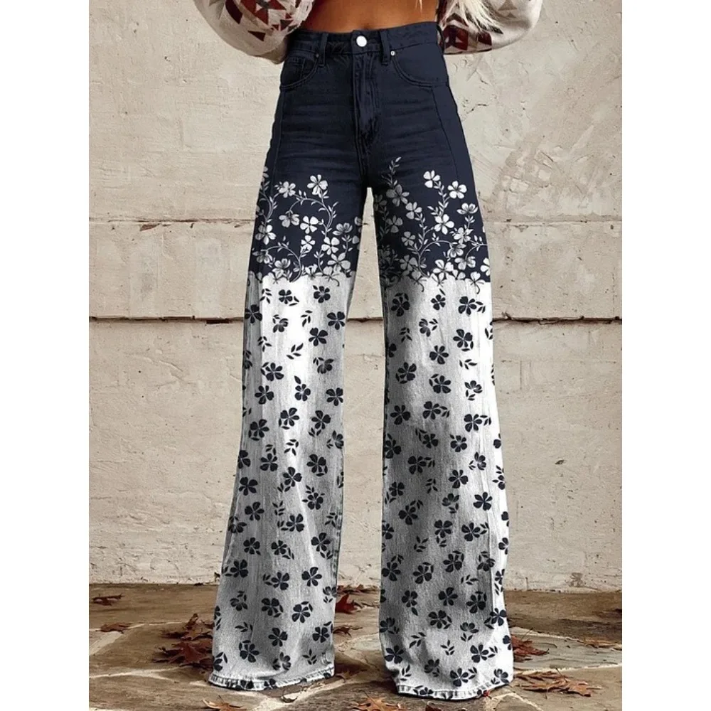 Damen Boho Blumenmuster High-Waist Weite Hose Retro Y2K Western Lässige Loose-Fit Hose mit Taschen Sexy Mädchenhafte Streetwear – Detail 7