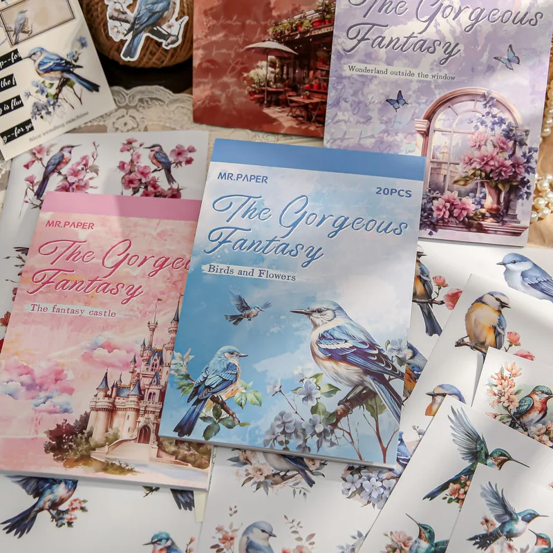 Imagem -01 - Paper-conjunto de 20 Adesivos o Lindo Livro de Fantasia Ilustração Aquarela Jornal de Flores e Pássaros Decoração Cênica Mr. paper conjunto de 20 adesivos o lindo livro de fantasia ilustracao aquarela jornal de flores e passaros decoracao cenica mr 01