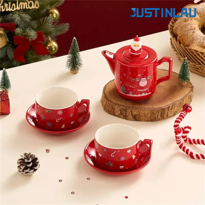 

JUSTINLAU Рождественская кофейная чашка, блюдца, штабелируемые красные керамические наборы чайной посуды, Санта-Клаус, снеговик, лось, чайник, чашка, рождественские подарки