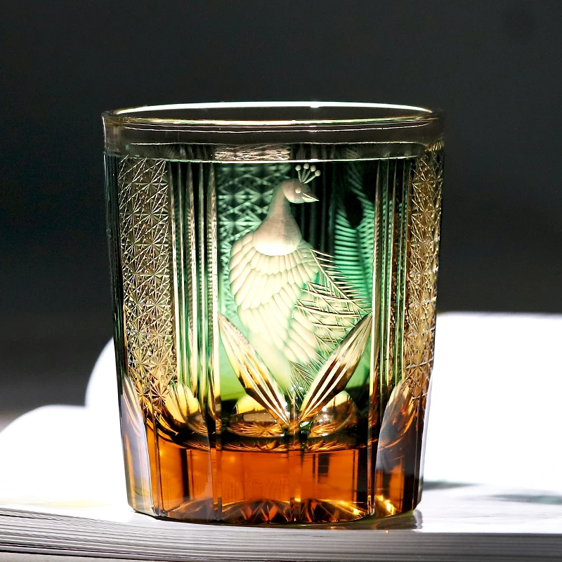 

Handmade Luxury Japanese Style Blue Whiskey Glass Hand Carved Peacock Edo Kiriko Glass Tumbler In Individual Gift Box