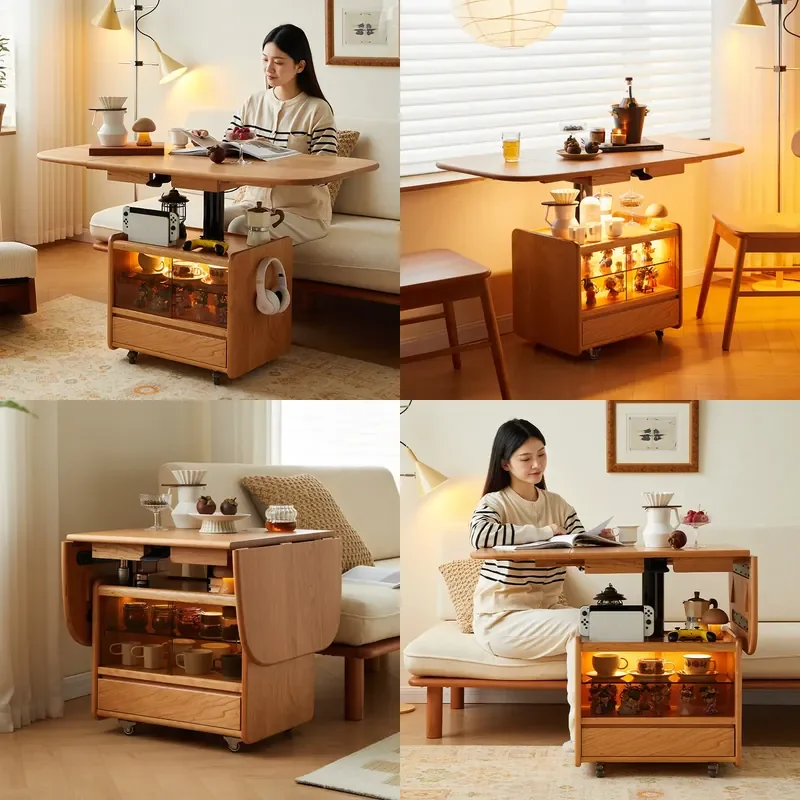 Japanese Cherry Wood Lift Top Coffee Table Folding Dining Desk Retractable Solid Wood Tea Table Cart for Living Room