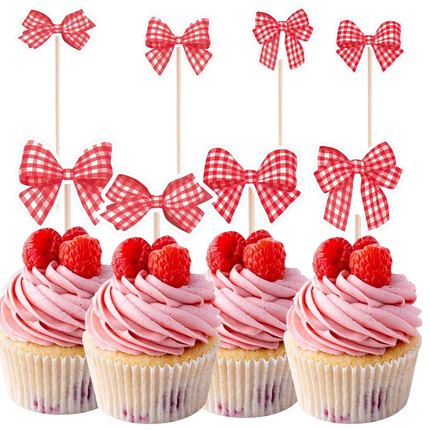 24 teile/satz Rote Schleife Cupcake Topper Plaid Rote Schleife Topper Für Hochzeit Geburtstag Valentinstag Feiern Party DIY Cupcake Dekoration