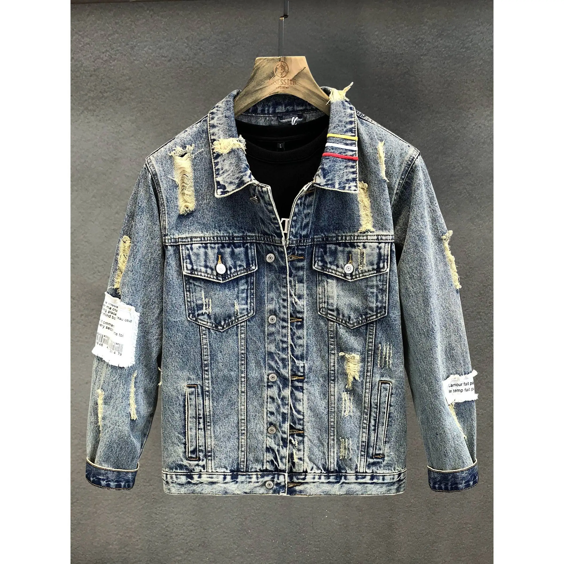 Spring and Autumn New Men's Fashion Slim Fit Popular Jacket Broken Hole Embroidery Denim Coat