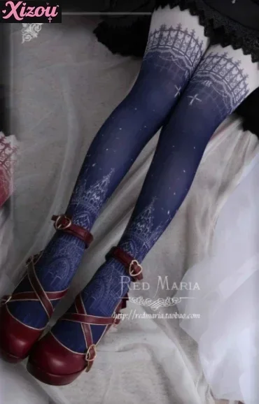 Women Original Lolita Stockings Retro Cotton Socks Female Lo Gothic Style Duplex Printing Pantyhose Sweet Tights Leggings Girls