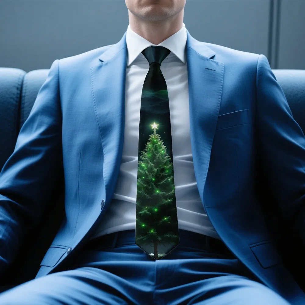 1pc, Christmas Green Tree Night Snow Pattern Fun Christmas Tie for Men Polyester Printed Tie Washable