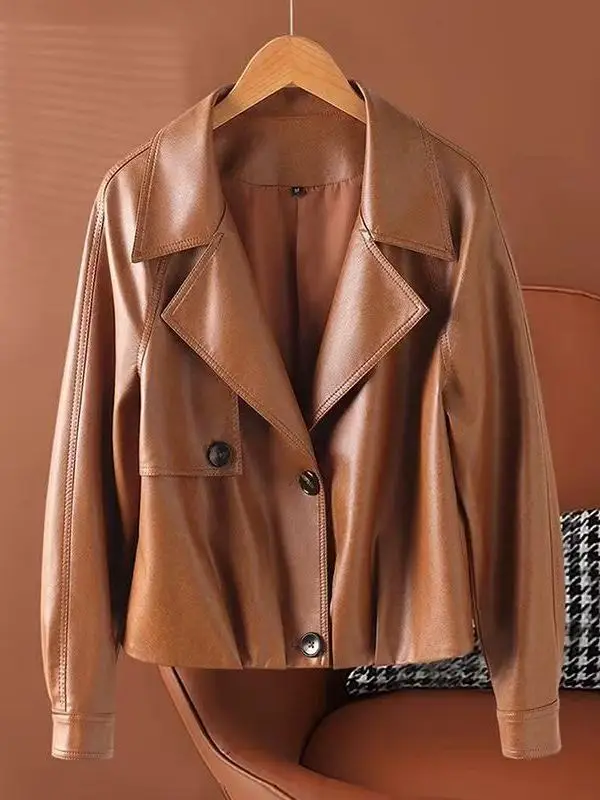 Ning Genuine Leather Jacket Women's Short Style 2026 New Spring Autumn High-End Casual Motorcycle Collar Coat