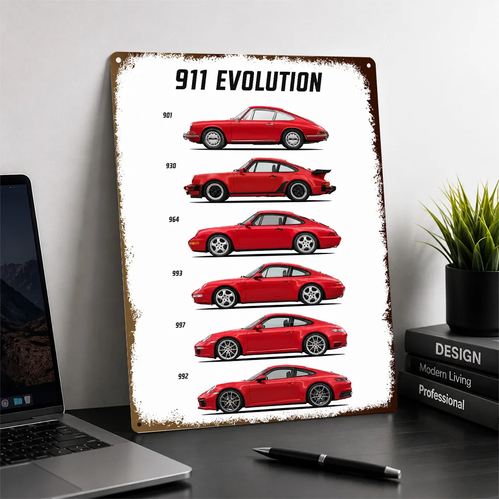 Germany 911 Evolution Red Sports Car Aluminum Poster Customized Metal Tin Sign Track Culture Style Wall Art Ideal For Workshop