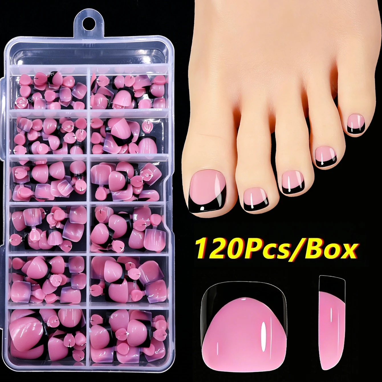 

Набор из 120 французских накладных ногтей для педикюра с черной французской каймой, акриловые накладные ногти