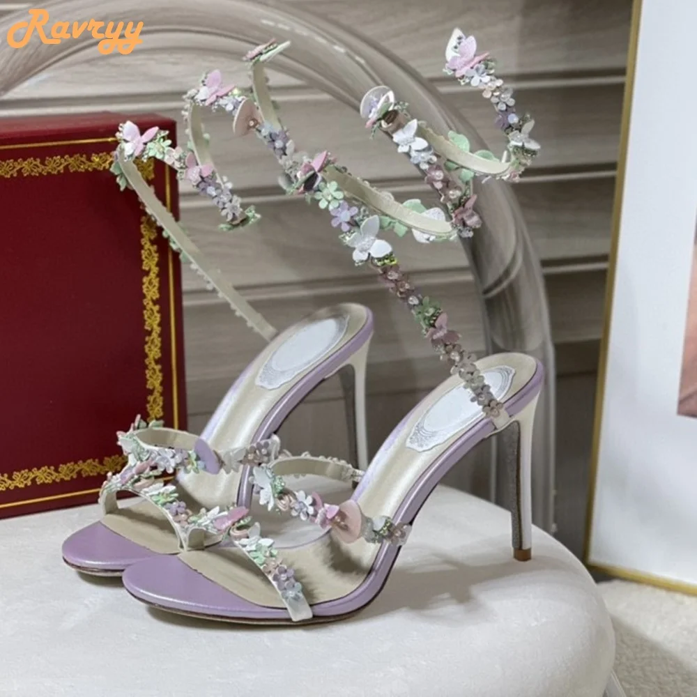 

Butterfly Flowers Twine Sandals Women Fashion Luxury High Heels Stiletto Heel Square Heel Slip On Summer Sandals 2025 New Shoes