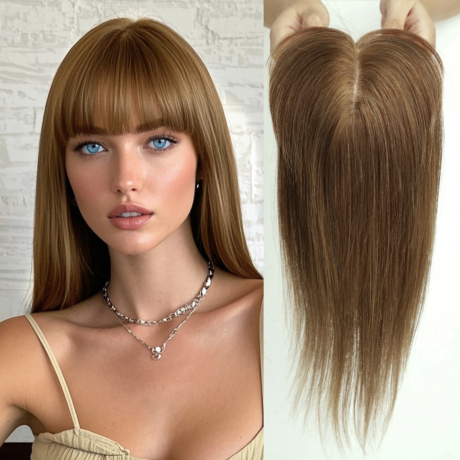 

100% настоящие топперы из натуральных волос с челкой, шелковая основа, 3 зажима, коричневые прямые человеческие волосы для наращивания волос для женщин