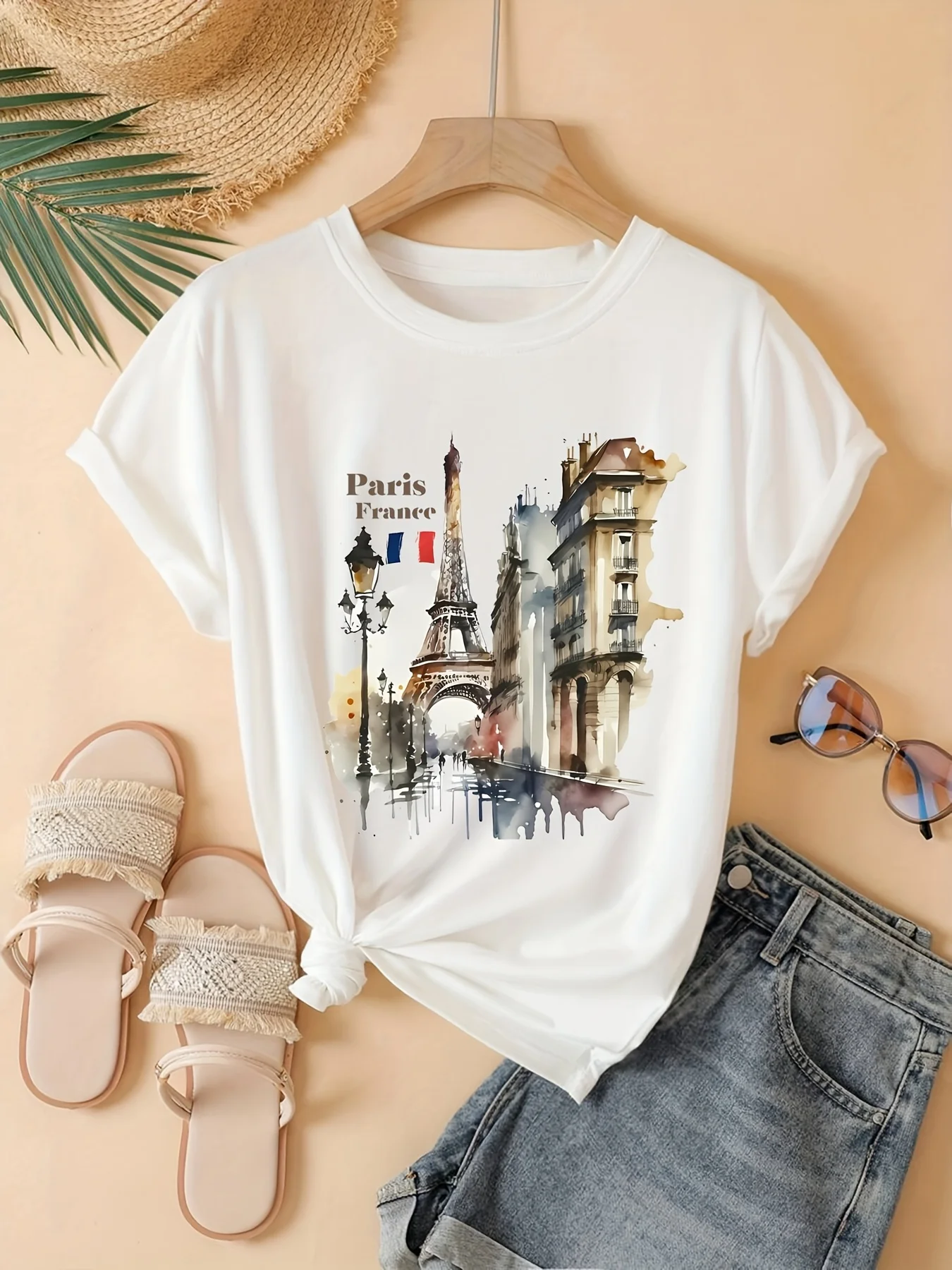 

Women Casual Sleeve Collection Perfect Paris Souvenir Summer Fashion Parisian Charm Eiffel Tower Watercolor Print T-Shirt Casual