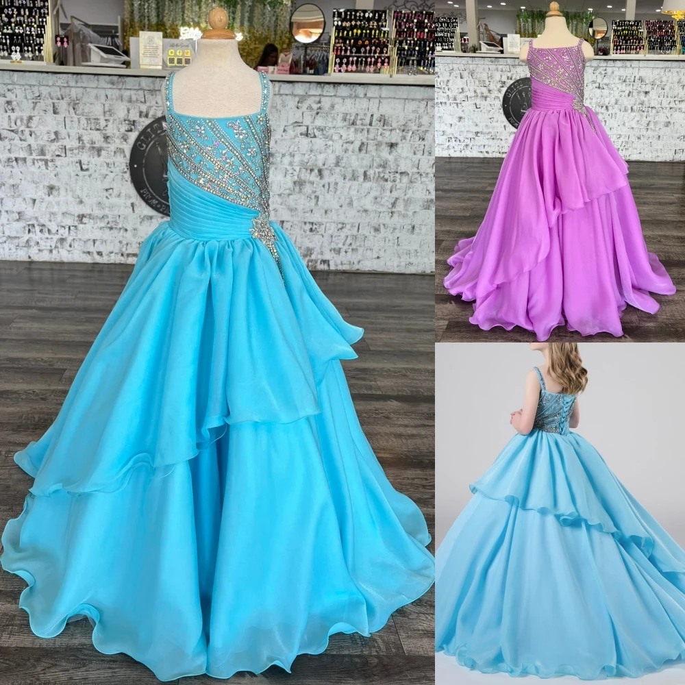 Sukienka na konkurs piękności dla małej dziewczynki, zdobiona koralikami, błękitna, liliowa, szyfonowa, dla niemowląt, dzieci, na urodziny, formalna, koktajlowa, dla nastolatek, Junior Miss