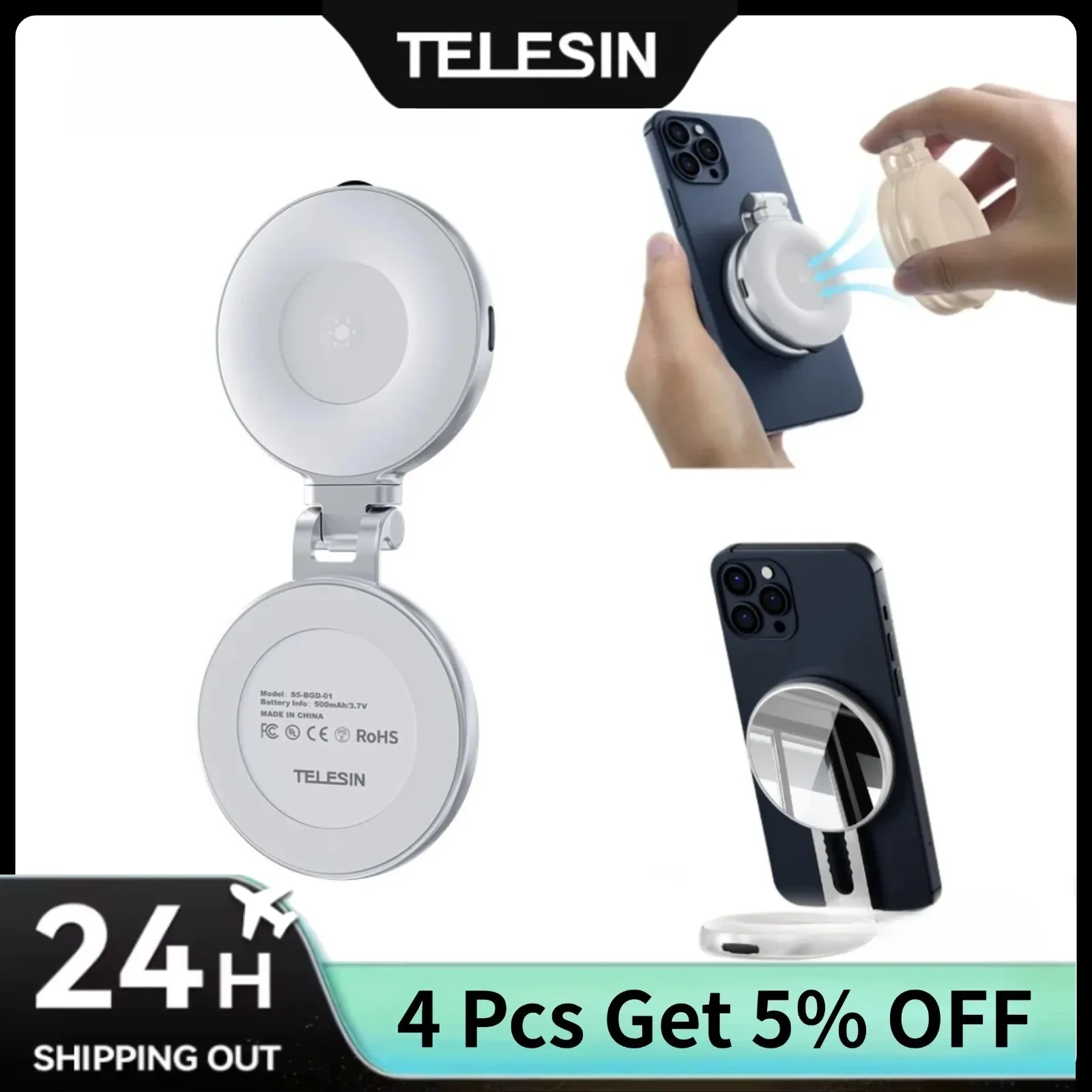 

TELESIN Magsafe Light Portable Selfie Light for iPhone 16 15 14 13 12 Pro Max Rotatable Led Light and Phone Stand Makup Mirror