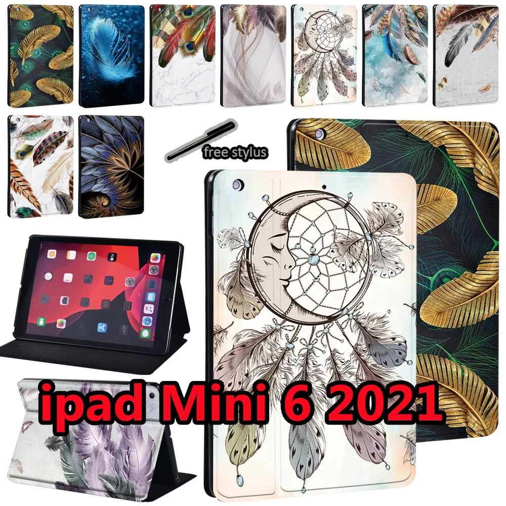 

For Apple IPad Mini 6 8.3inch 2021 A2567 A2568 A2569 Case Feather Print Pu Pattern Leather Stand Tablet Cover for IPad Mini 6