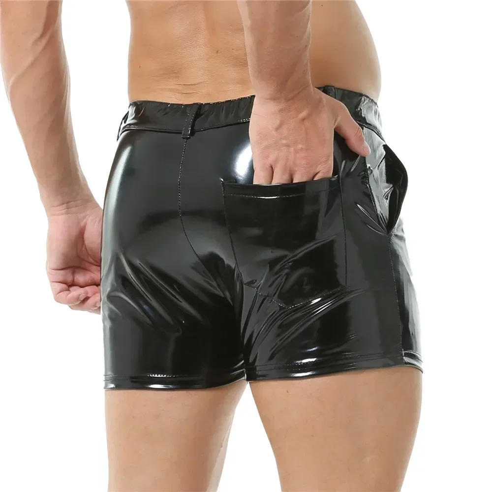 

Мужские глянцевые латексные сексуальные узкие шорты с мокрым эффектом из ПВХ и карманами, тонкие короткие брюки на молнии, модная мужская танцевальная одежда Rave Clubwear